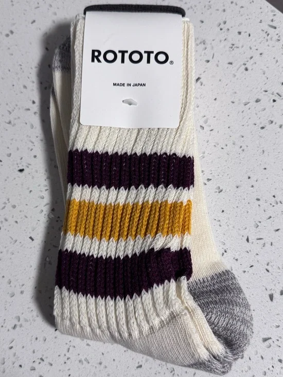 RoToTo Retro Coarse Ribbed Old School Crew Socks in Gold & Bourdeaux NWT - Picture 3 of 12
